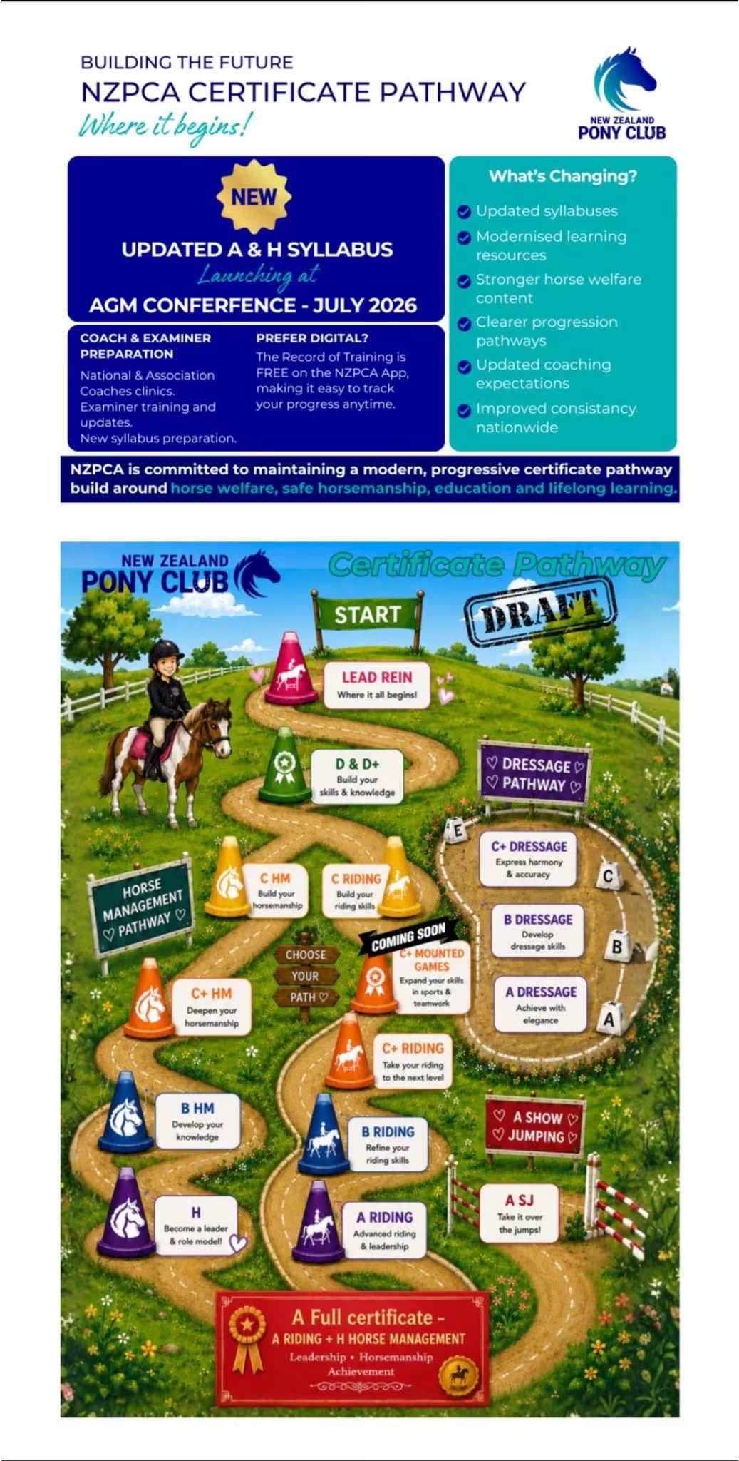 NZPCA Certificate Pathway map — showing the full progression from Lead Rein through D, C, B and A certificates, plus the Horse Management and Dressage pathways