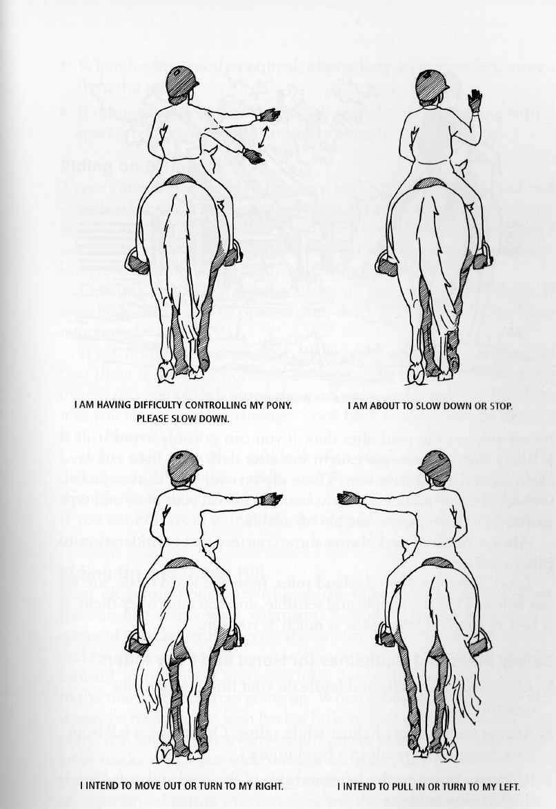 Official Pony Club Manual hand signal diagrams showing: I intend to move out or turn right; I am having difficulty controlling my pony — please slow down; I intend to pull in or turn left; I am about to slow down or stop